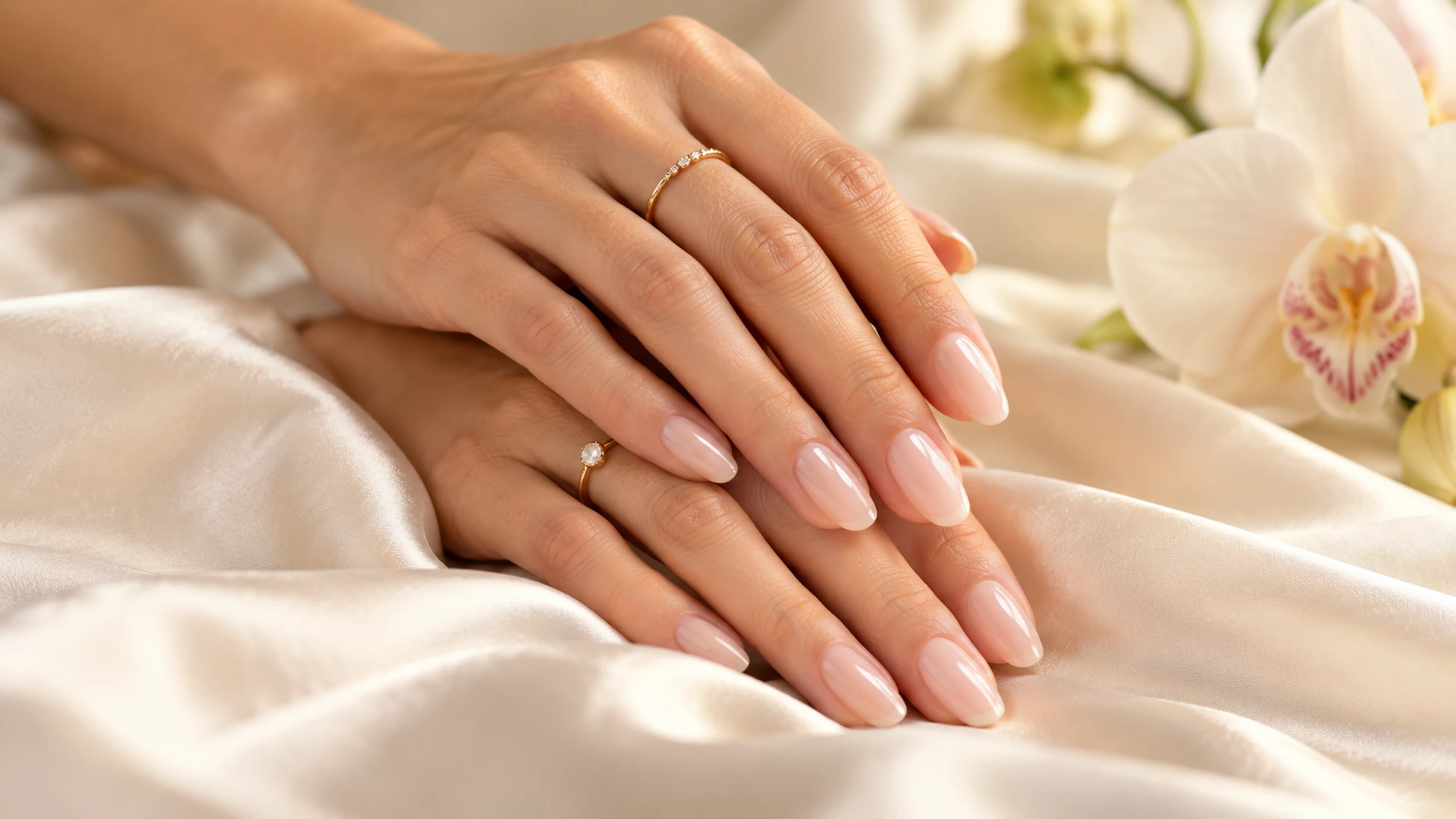 Blush pink nails and delicate gold rings on ivory silk