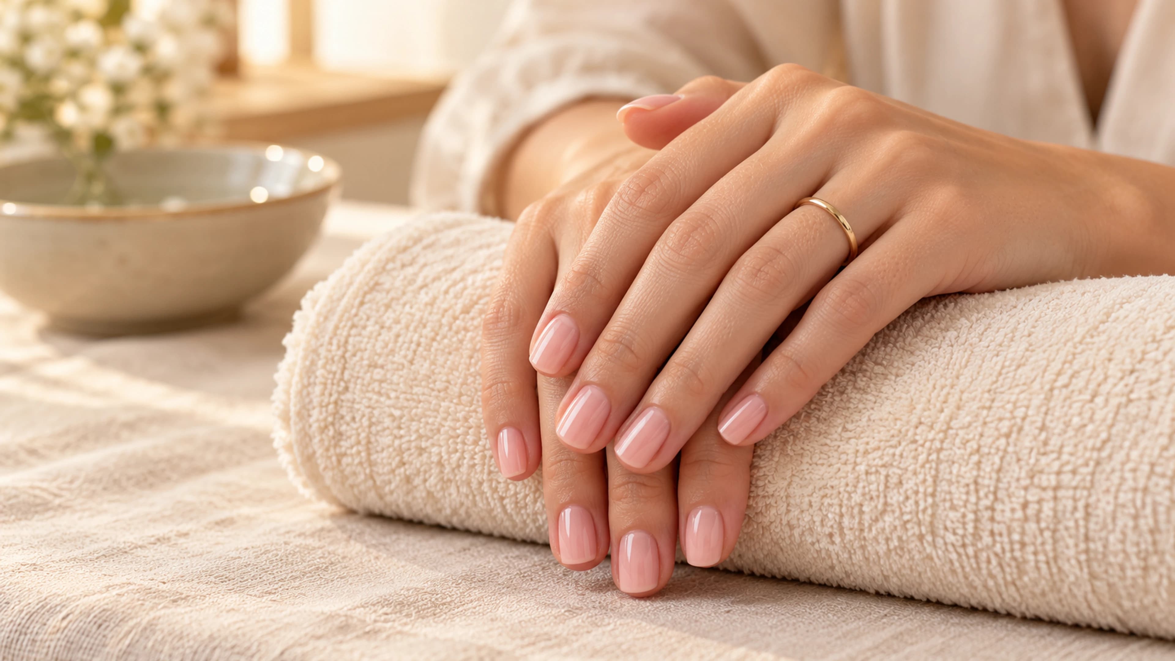 Sheer blush manicure resting on a cream spa towel
