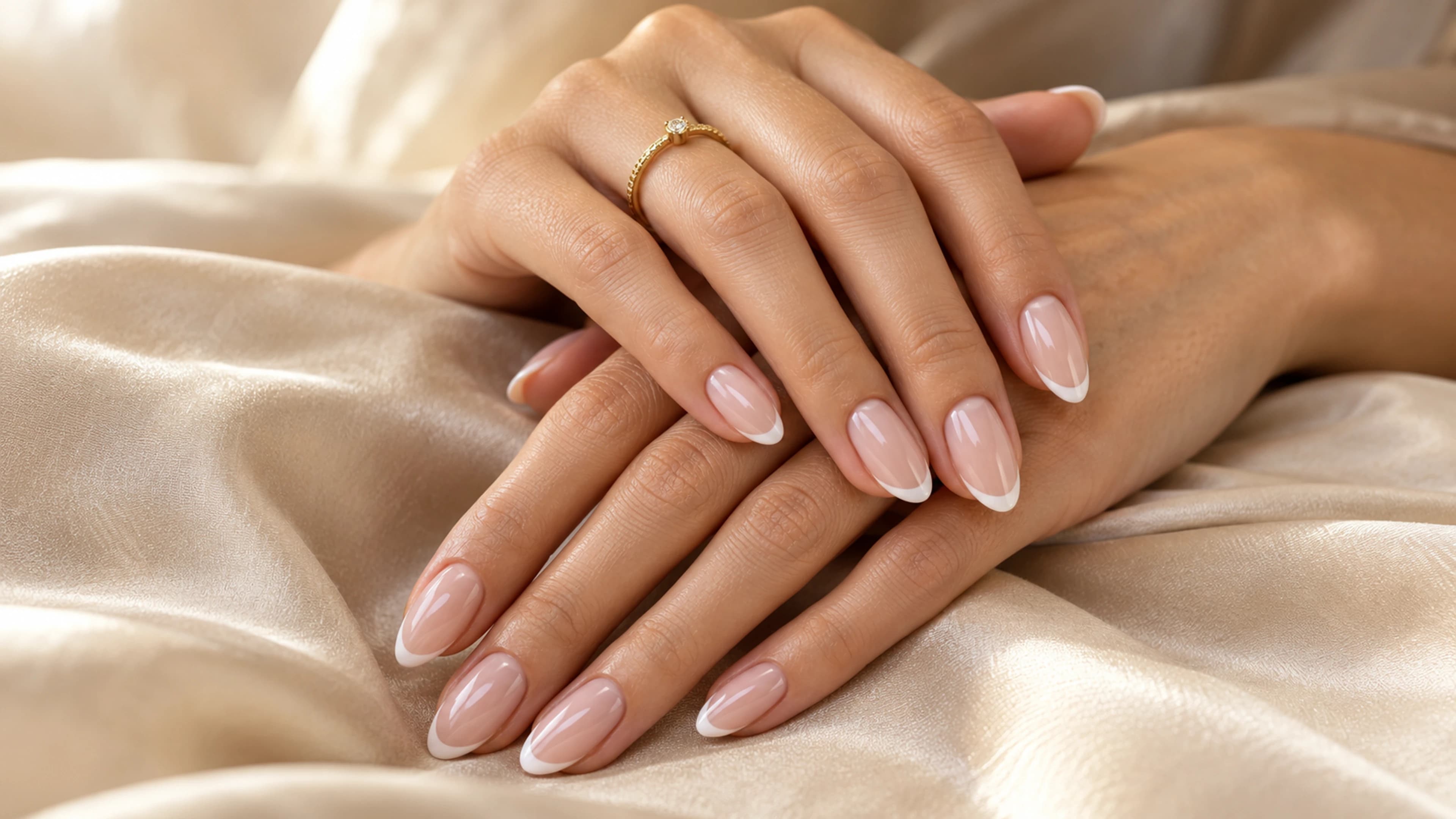Almond-shaped gel extensions with fine white French tips