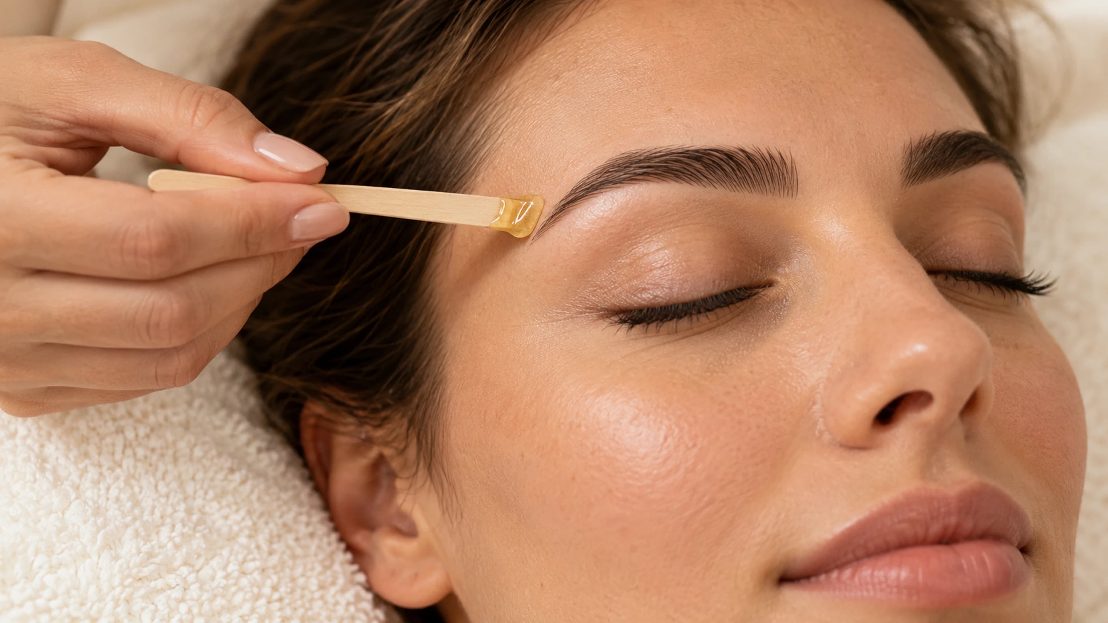 Professional brow care with a wooden waxing spatula